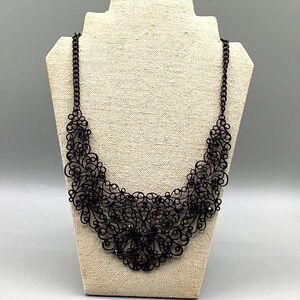 Vintage Black Metal Lace Necklace With Purple Crystal Accents